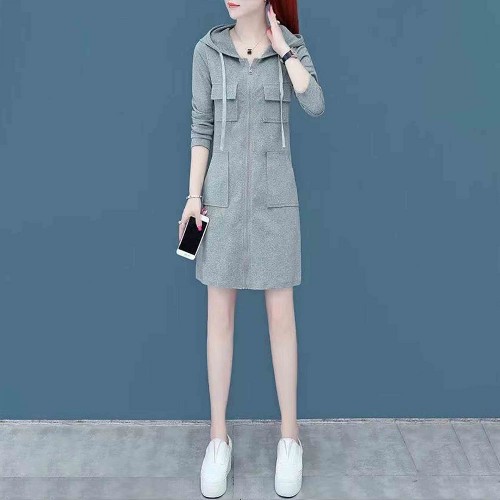 Elegant Style Mid Length Double Pocket Drawstring Hoodie - Grey image