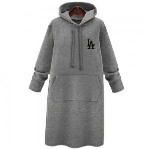 Mid Length Kangaroo Pocket Drawstring Long Sleeve Women Hoodie - Grey
