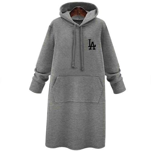 Mid Length Kangaroo Pocket Drawstring Long Sleeve Women Hoodie - Grey image