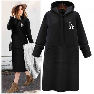 Mid Length Kangaroo Pocket Drawstring Long Sleeve Women Hoodie - Black
