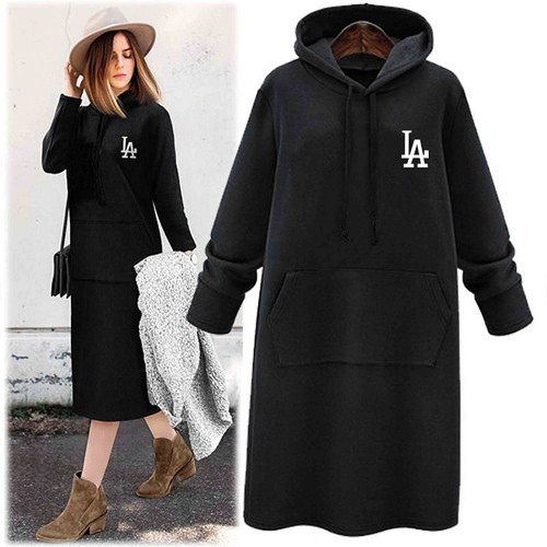 Mid Length Kangaroo Pocket Drawstring Long Sleeve Women Hoodie - Black image