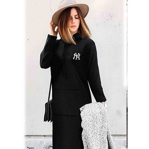 Mid Length Kangaroo Pocket Drawstring Long Sleeve Women Hoodie - Black image