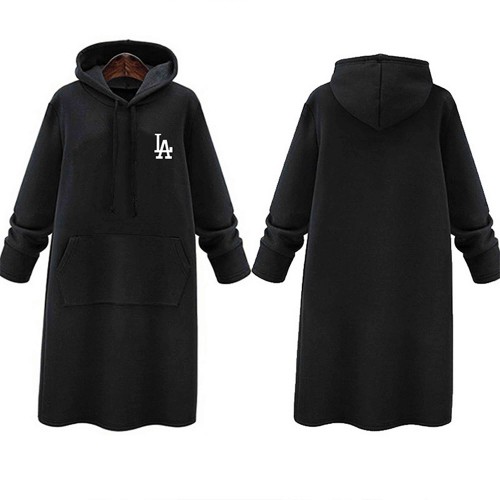Mid Length Kangaroo Pocket Drawstring Long Sleeve Women Hoodie - Black image
