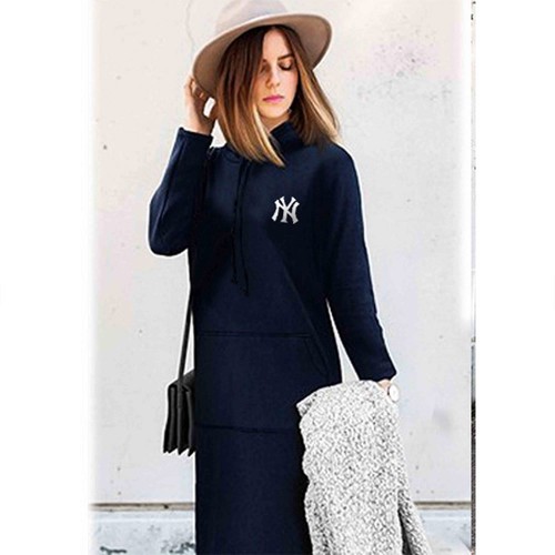 Mid Length Kangaroo Pocket Drawstring Long Sleeve Women Hoodie - Blue image