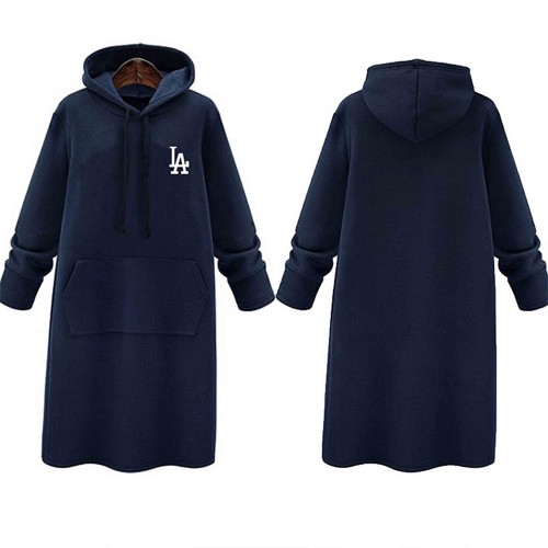 Mid Length Kangaroo Pocket Drawstring Long Sleeve Women Hoodie - Blue image