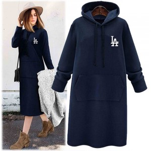 Mid Length Kangaroo Pocket Drawstring Long Sleeve Women Hoodie - Blue