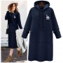 Mid Length Kangaroo Pocket Drawstring Long Sleeve Women Hoodie - Blue