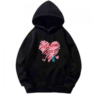 Kangaroo Pocket Long Sleeve Heart Print Cotton Hoodie - Black