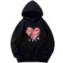 Kangaroo Pocket Long Sleeve Heart Print Cotton Hoodie - Black