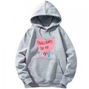 Kangaroo Pocket Long Sleeve Heart Print Cotton Hoodie - Grey