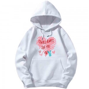 Kangaroo Pocket Long Sleeve Heart Print Cotton Hoodie - White