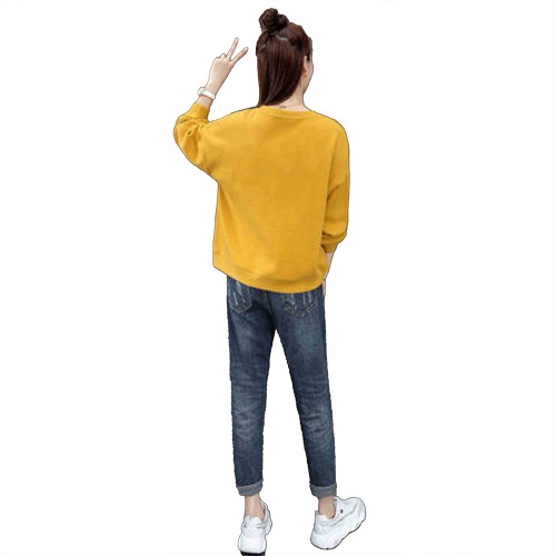 Retro Long Sleeve Cotton Fabric Round Neck Women Sweater - Yellow image