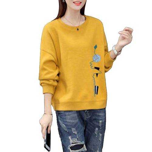 Retro Long Sleeve Cotton Fabric Round Neck Women Sweater - Yellow image