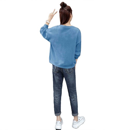Retro Long Sleeve Cotton Fabric Round Neck Women Sweater - Blue