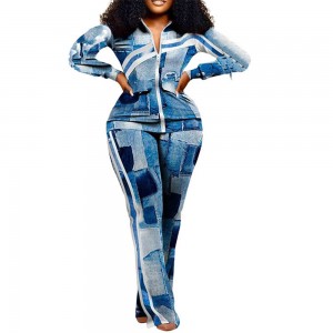Urban Style Two Piece Geometric Print Zipper Sportswear - Light Blue
