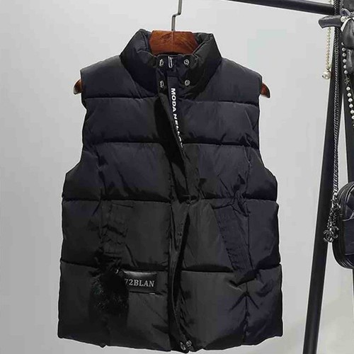 Leisure Style Zip & Button Closure Pockets Vest Shoulder Puffer Jacket - Black image
