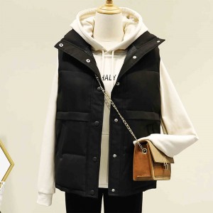 Button Closure Sleeveless Pocket Padded Jacket - Black