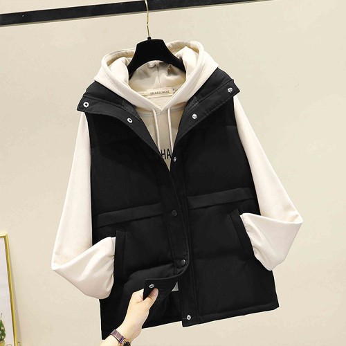 Button Closure Sleeveless Pocket Padded Jacket - Black image