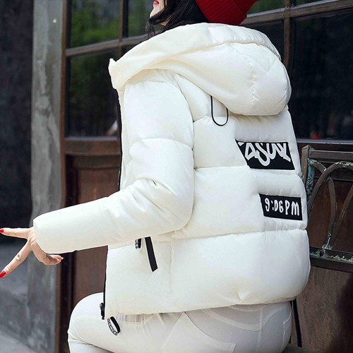 Headphone Logo Zipper Closure Hooded Collar Puffer Jacket - White image