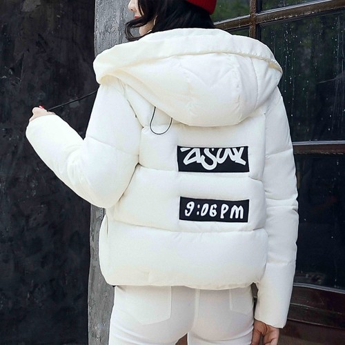 Headphone Logo Zipper Closure Hooded Collar Puffer Jacket - White image
