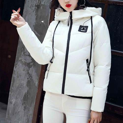 Headphone Logo Zipper Closure Hooded Collar Puffer Jacket - White image
