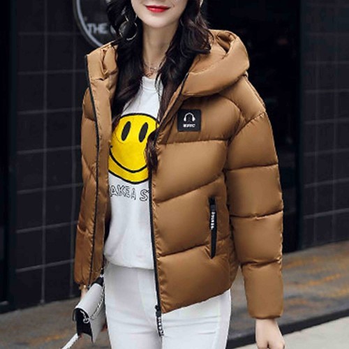 Headphone Logo Zipper Closure Hooded Collar Puffer Jacket - Brown image