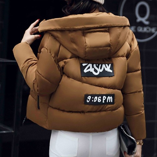 Headphone Logo Zipper Closure Hooded Collar Puffer Jacket - Brown image