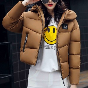 Headphone Logo Zipper Closure Hooded Collar Puffer Jacket - Brown