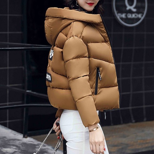 Headphone Logo Zipper Closure Hooded Collar Puffer Jacket - Brown image
