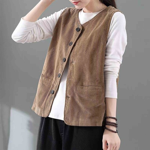 Double Pocket Shoulder Vest Button Closure Corduroy Coat - Brown image