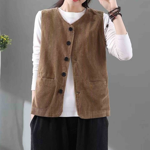 Double Pocket Shoulder Vest Button Closure Corduroy Coat - Brown image