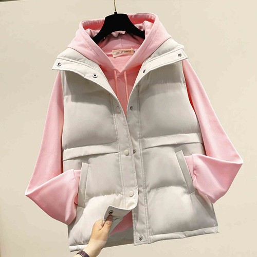 Button Closure Sleeveless Pocket Padded Jacket - Cream image