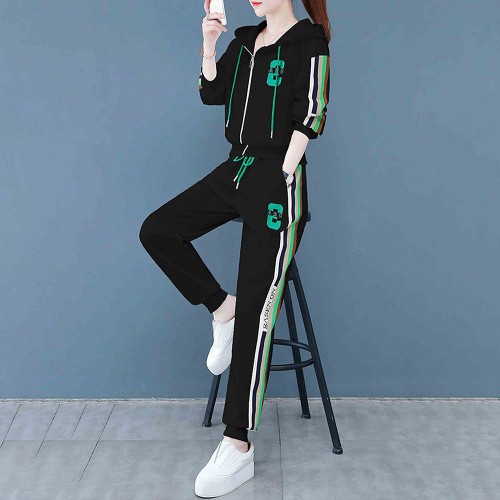 Embroidered Geometric Full Zipper Hooded Sportswear - Black image