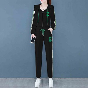 Embroidered Geometric Full Zipper Hooded Sportswear - Black
