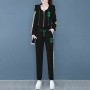 Embroidered Geometric Full Zipper Hooded Sportswear - Black