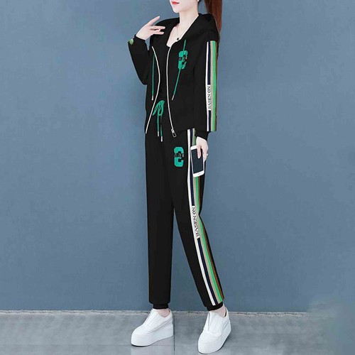 Embroidered Geometric Full Zipper Hooded Sportswear - Black image