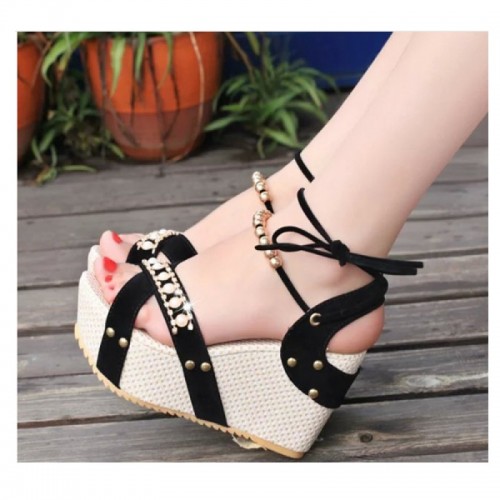 Women Fashion Thick Crust High Wedge Sandals-Black image