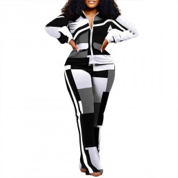 Regular Sleeve Two Piece Geometric Pattern Zipper Closing Sportswear - Black