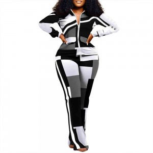 Regular Sleeve Two Piece Geometric Pattern Zipper Closing Sportswear - Black
