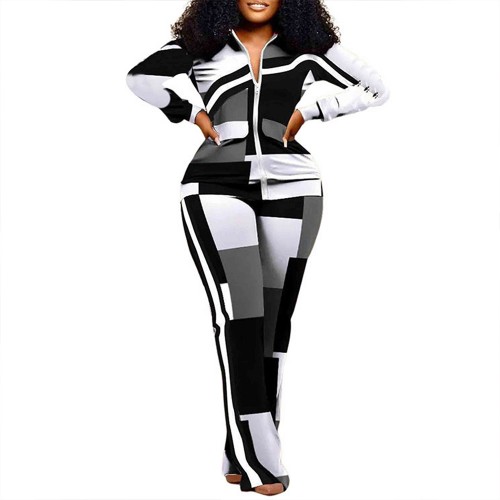 Regular Regular Sleeve Two Piece Geometric Pattern Zipper Closing Sportswear - Black