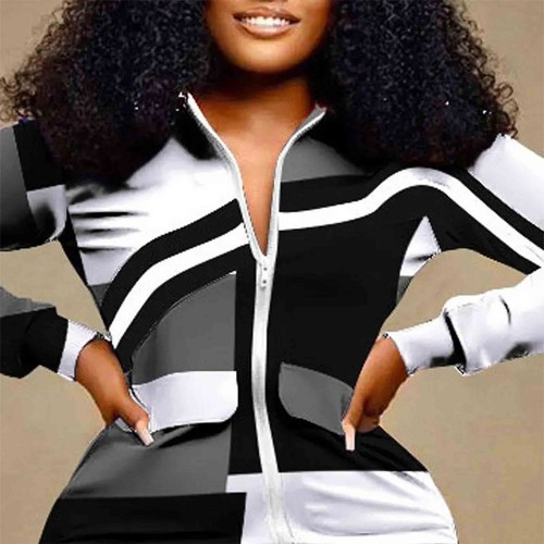 Regular Regular Sleeve Two Piece Geometric Pattern Zipper Closing Sportswear - Black