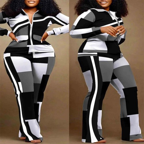 Regular Regular Sleeve Two Piece Geometric Pattern Zipper Closing Sportswear - Black
