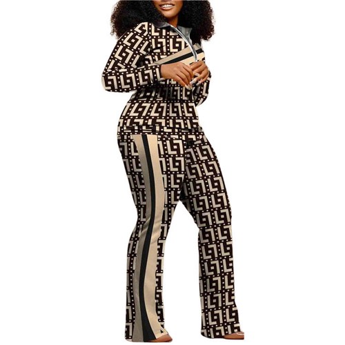 Two Piece Zipper Closing Geometric Figure Sportswear - Beige image