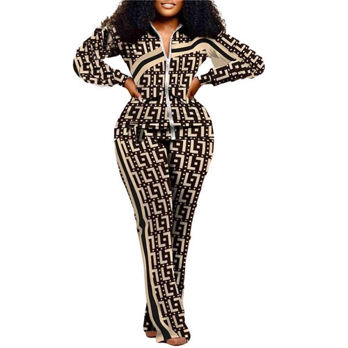 Two Piece Zipper Closing Geometric Figure Sportswear - Beige image