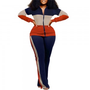 Long Sleeve Full Zipper Two Piece Multicolor Sportswear - Blue