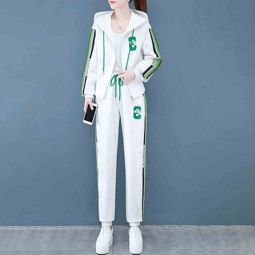 Embroidered Geometric Full Zipper Hooded Sportswear - White image
