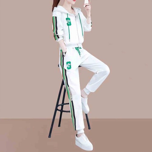 Embroidered Geometric Full Zipper Hooded Sportswear - White image