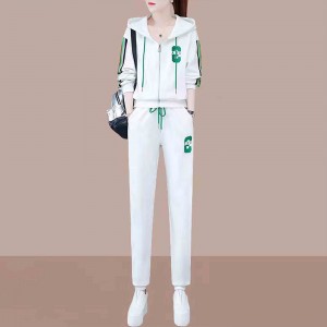 Embroidered Geometric Full Zipper Hooded Sportswear - White
