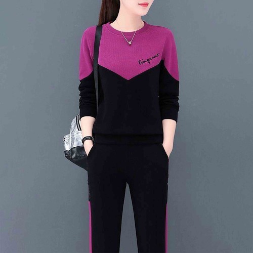 Leisure Style Vertical Alphabet Printing Round Neck Sportswear - Purple image