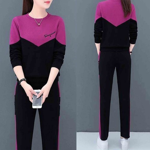 Leisure Style Vertical Alphabet Printing Round Neck Sportswear - Purple image